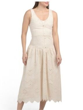 House of Harlow 1960 Cotton Ivory Eyelet Drop Waist Button Front Midi Dress